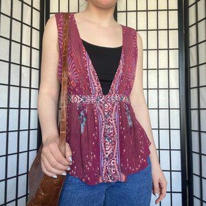 Free People Boho Earthy Hippy Comfy Colorful Peacock Vest Blouse Top Size XS